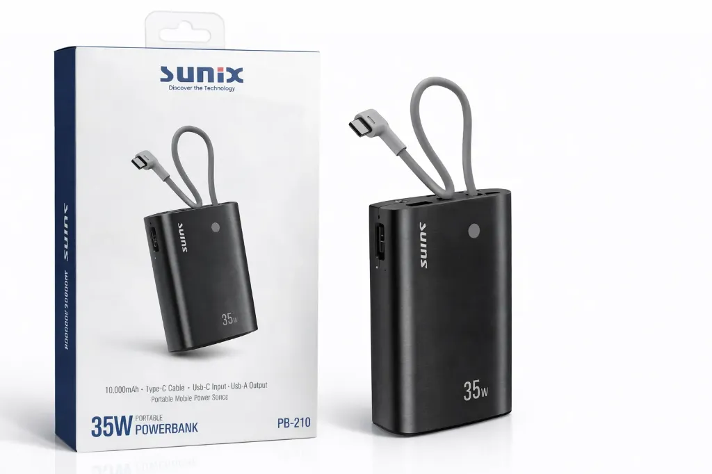 Sunix PB210 Powerbank 10000mAh 35W Fast Charge Integriertes Kabel - Black