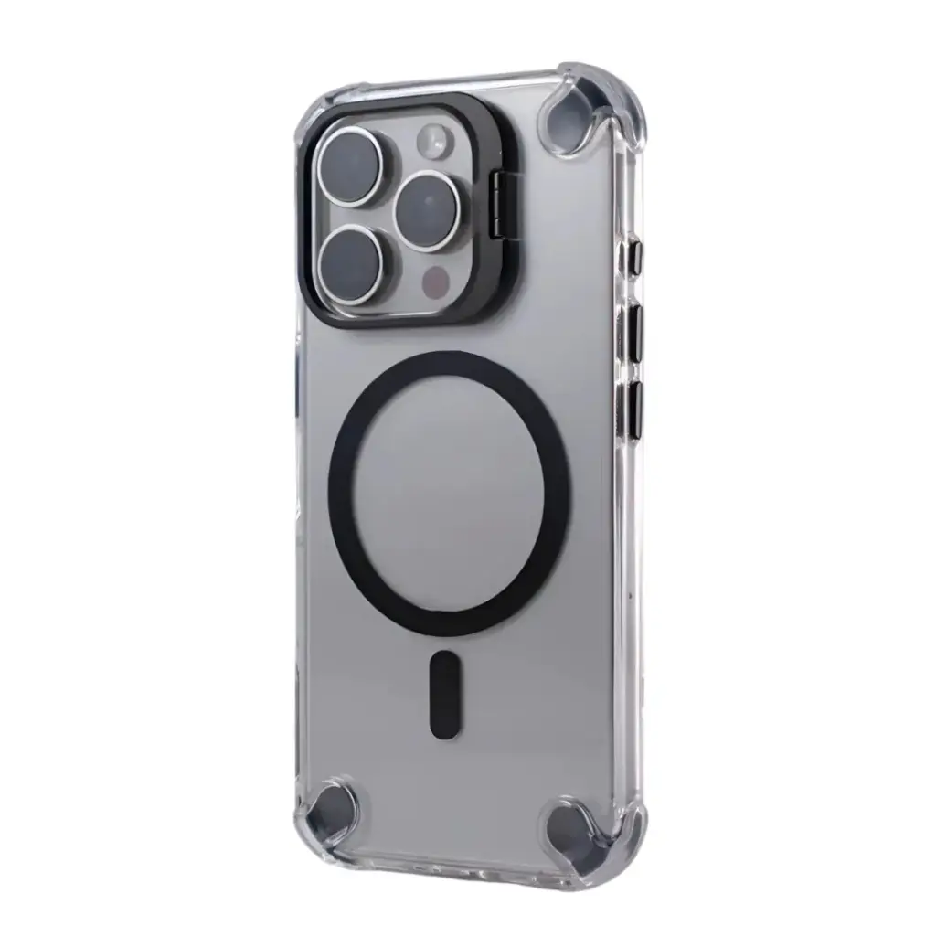 SUNIX SHOVY CASE für iPhone 15 Pro – MagSafe – Transparent Schwarz – Standfunktion – Stoßfest