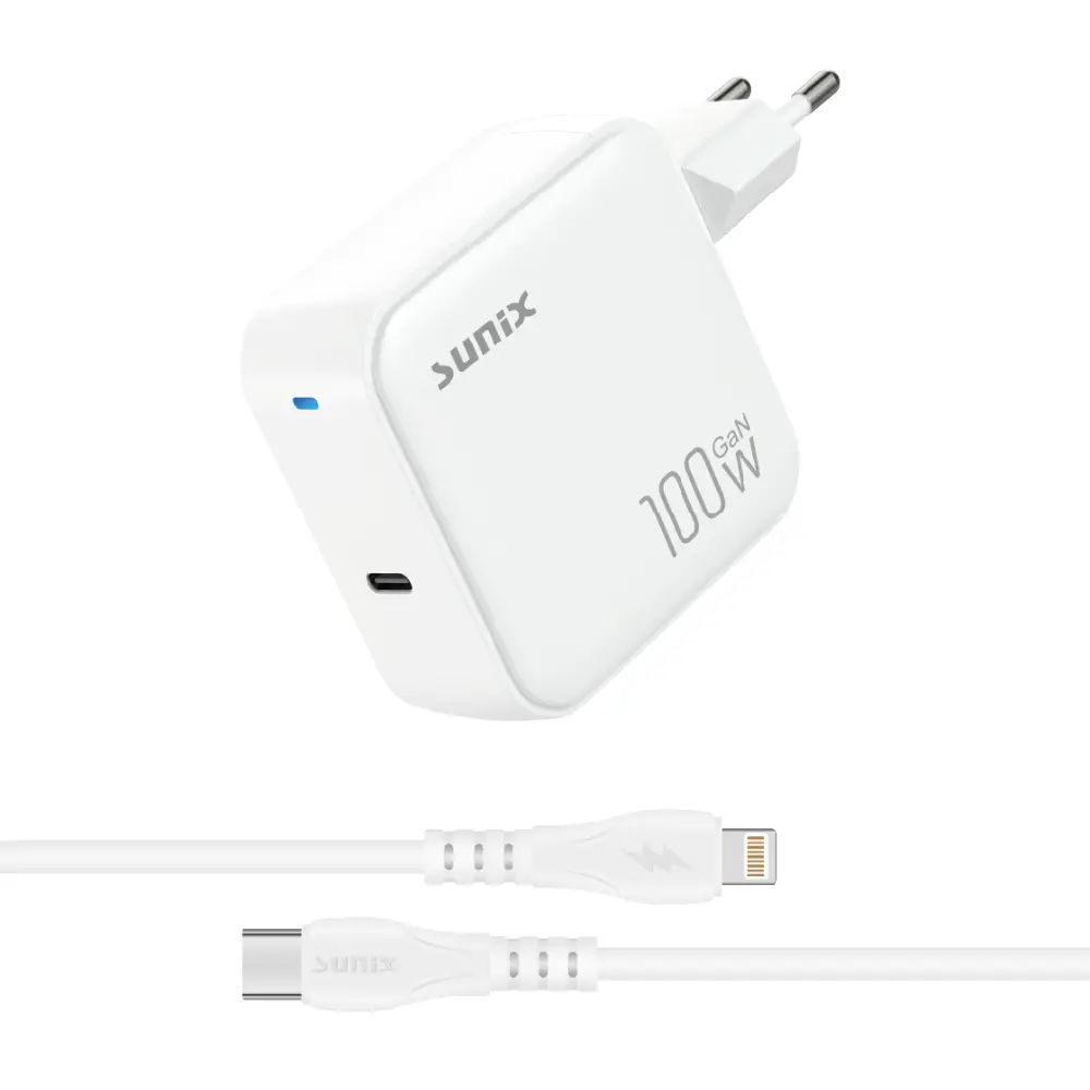 SUNIX S100 GaN 100W USB-C Schnellladegerät mit Type-C Kabel Weiß