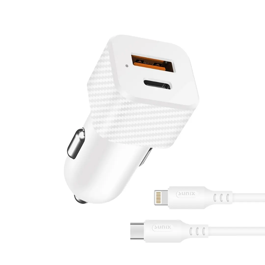 Sunix C-21 20W Kfz USB-C Auto Ladegerät Typ-C zu 8Pin Kabel Set Weiß PD